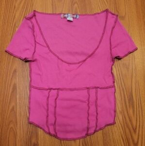 Urban Outfitters Keanu Scoop Neck Corset Tee Pink Sm Ribbed Short Sleeve Cropped